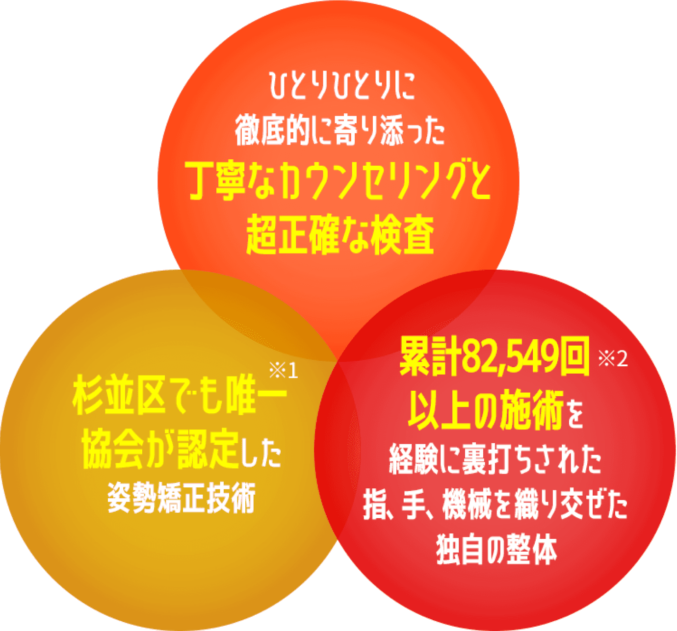 ひとりひとりに徹底的に寄り添った丁寧なカウンセリングと超正確な検査 杉並区でも唯一教会が認定した姿勢矯正技術 累計82,549回以上の施術を経験に裏打ちされた指、手、機械を織り交ぜた独自の整体